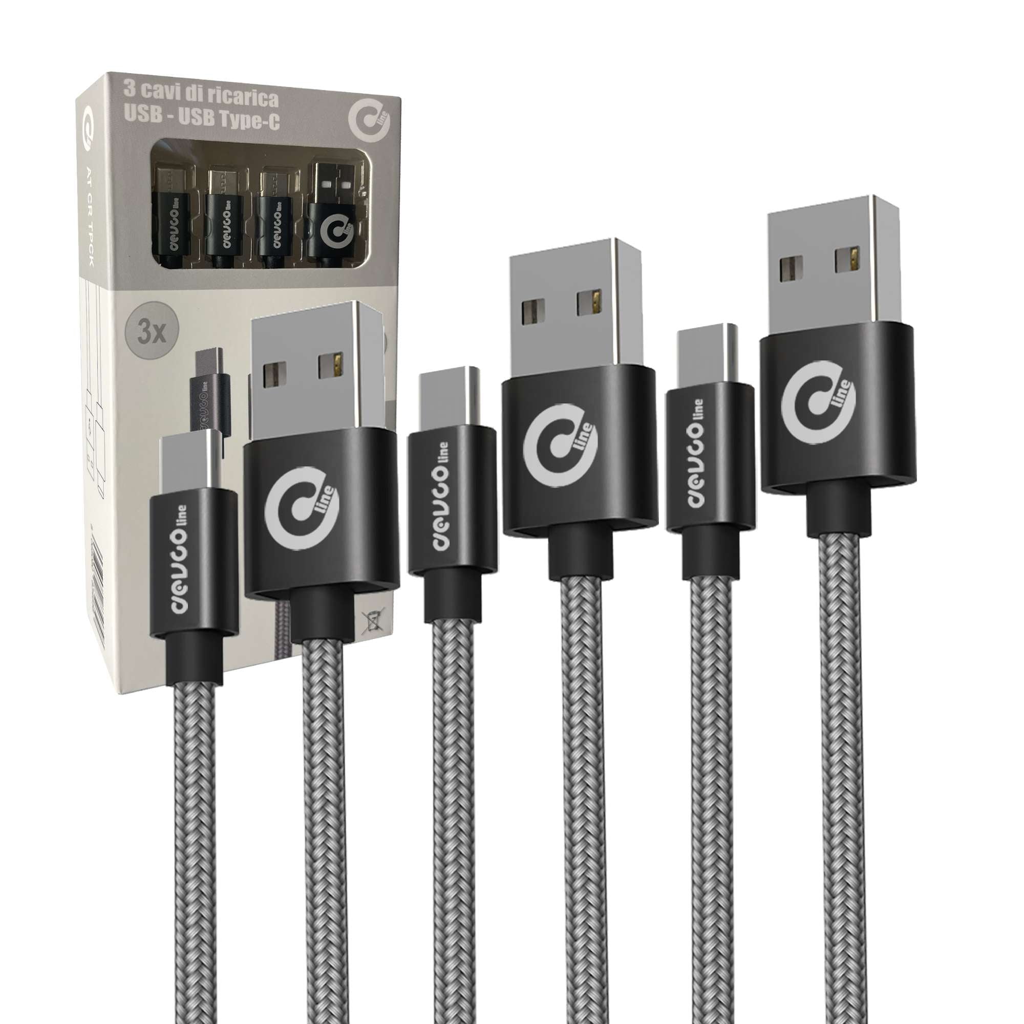 Kit set di 3 cavi USB (1, 2, 3)m cavo ricarica USB-A/USB-C DEVCOline AT CR TPCK