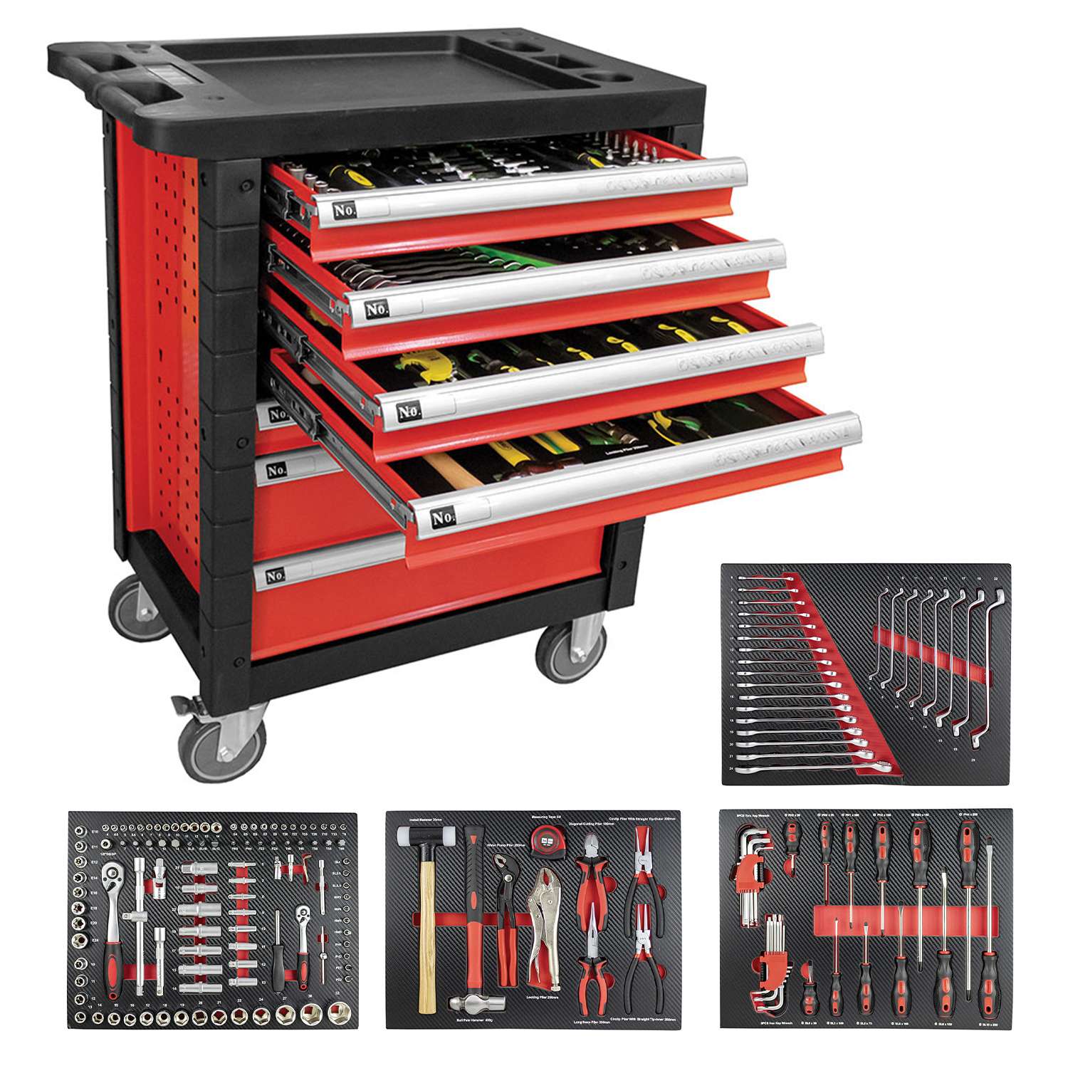 Carrello porta utensili rosso con 7 cassetti completo di 172 utensili - Fermec FM53686